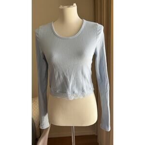 Intimately Free People Blue Crop Long Sleeve Top With Lace Trim Sz XL